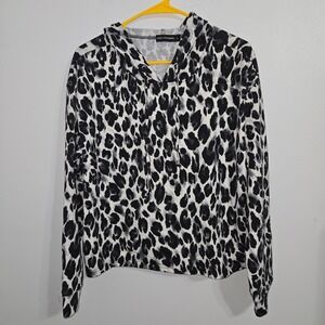 B#3 Zoe + Phoebe Womens Leopard Print‎ Pullover Hoodie Black White Size Large